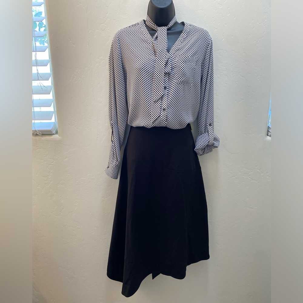 Donna Karan Black Asymmetrical Skirt & Polkadot Blouse